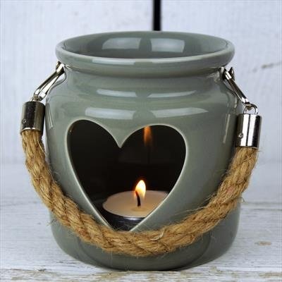 GREEN-GREY PORCELAIN HEART LANTERN WITH ROPE