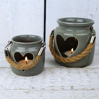 GREEN-GREY PORCELAIN HEART LANTERN WITH ROPE