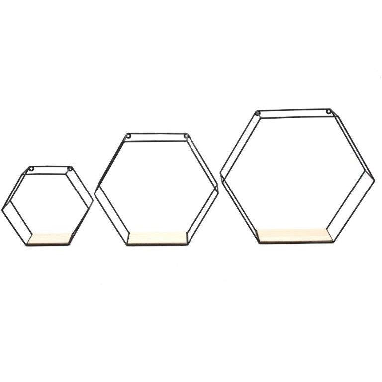 WOOD & WIRE HEXAGON WALL SHELVES, SET OF 3