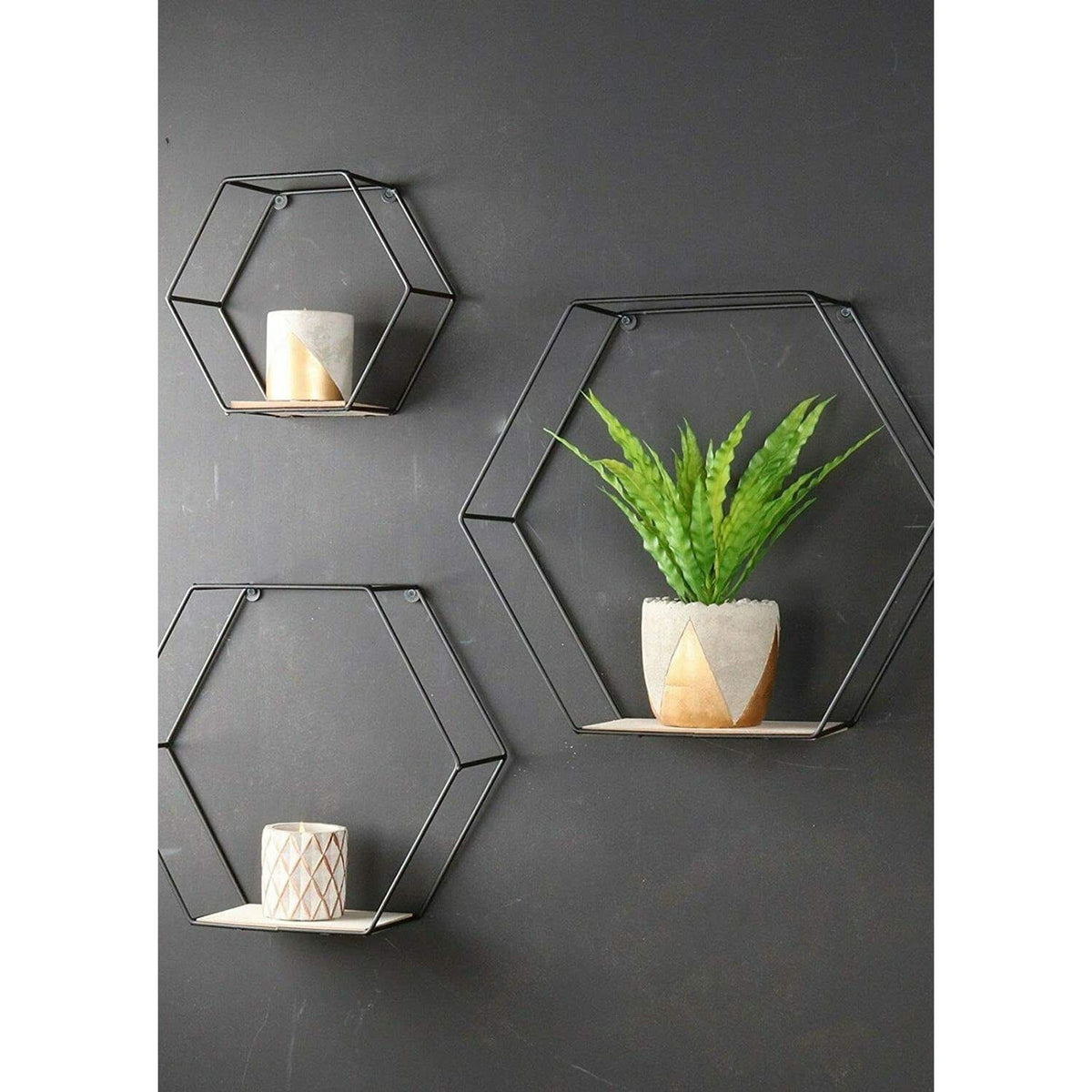 WOOD & WIRE HEXAGON WALL SHELVES, SET OF 3