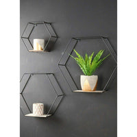 WOOD & WIRE HEXAGON WALL SHELVES, SET OF 3